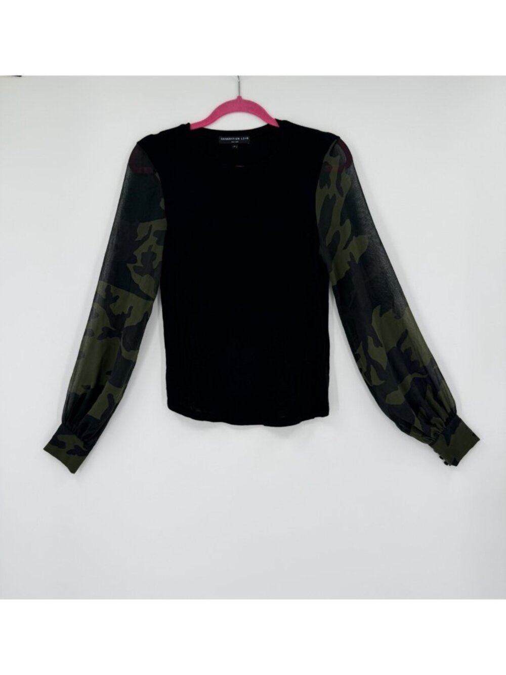 Generation Love Noelle Camo Black Knit Top Size XS Contrast Ballon Sleeves
